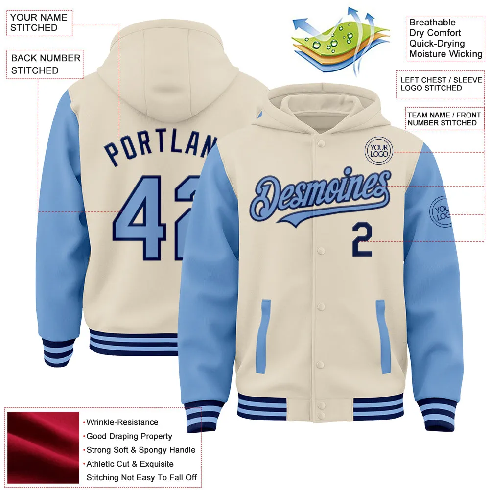 Custom Cream Light Blue-Navy Bomber Full-Snap Varsity Letterman Two Tone Hoodie Jacket