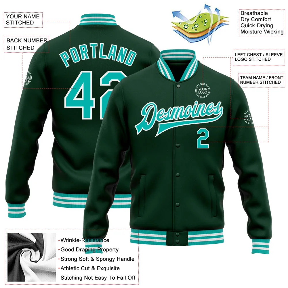 Custom Green Aqua-White Bomber Full-Snap Varsity Letterman Jacket