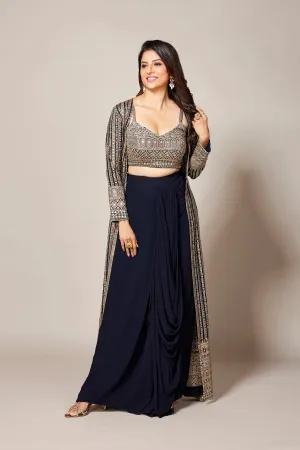 Deep Blue Embellished Swiss Georgette Silk Cape Set