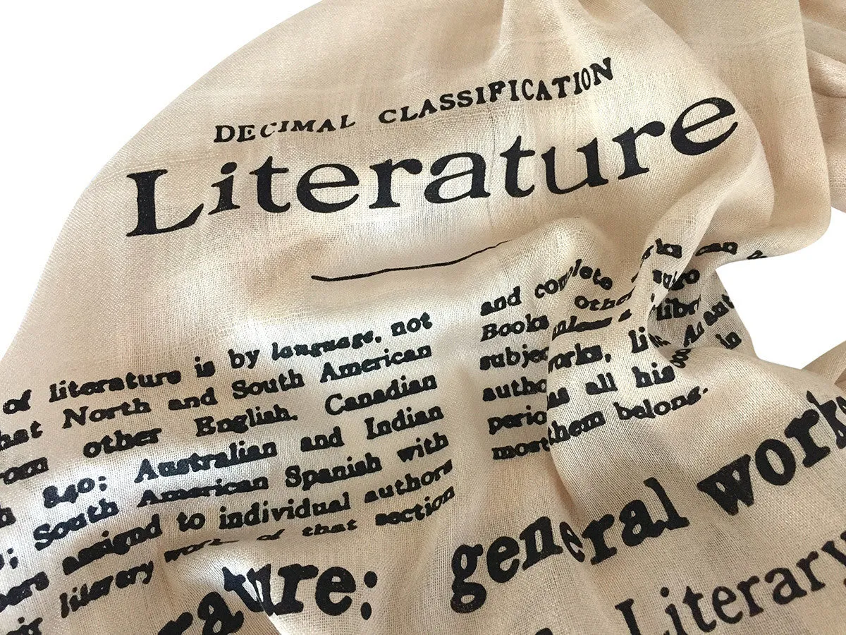 Dewey Decimal Scarf. Literary print luxe weight fringed scarf