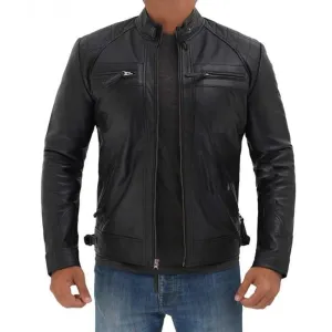 Diamond Classic Black Cafe Racer Biker leather Jacket