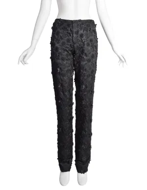 Dirk Bikkembergs Vintage Black Embroidered Floral Applique Satin High Waist Pants