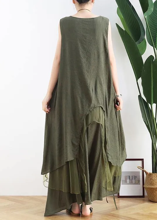 DIY green cotton Tunics o neck asymmetric Robe summer Dresses