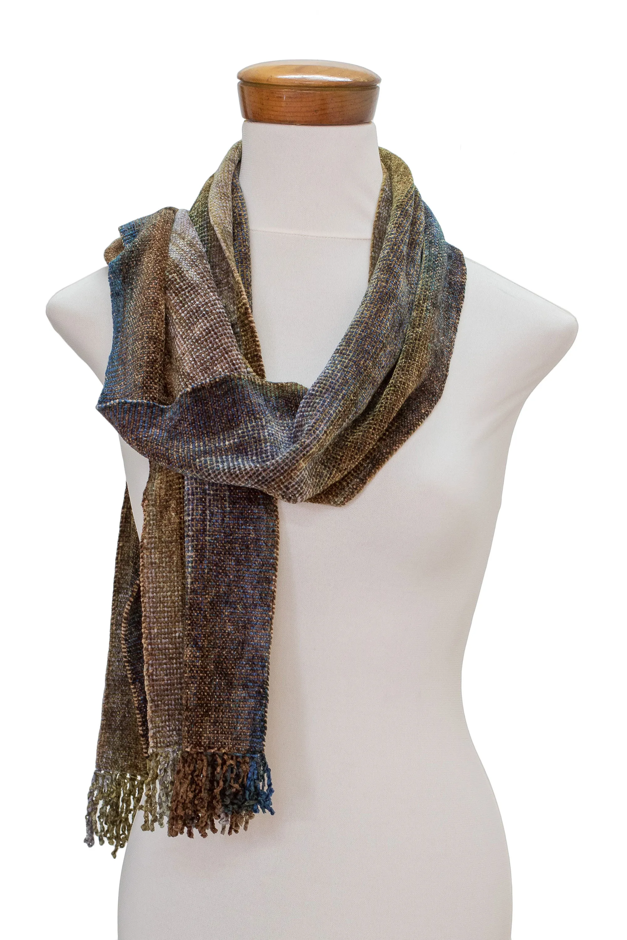 Earth-Tone Rayon Chenille Scarf from Guatemala - Paths | NOVICA