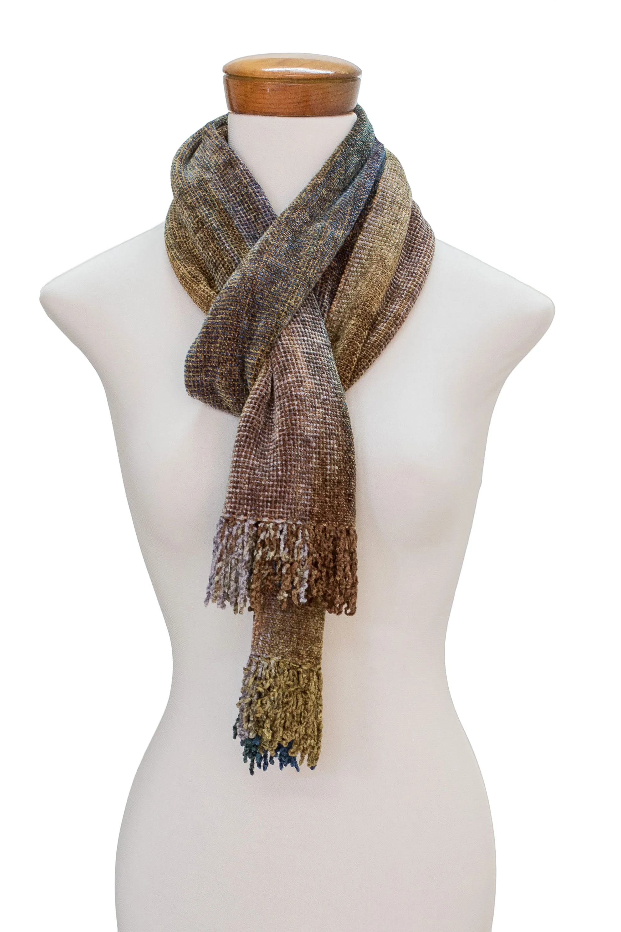 Earth-Tone Rayon Chenille Scarf from Guatemala - Paths | NOVICA