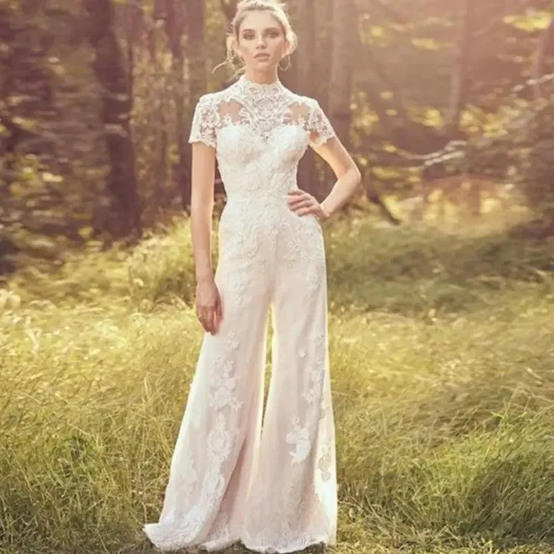 Elegant White Bridal Jumpsuit with Short Sleeves for Weddings