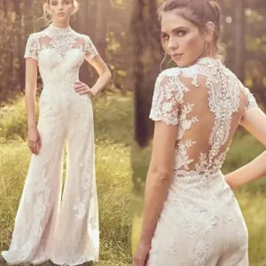 Elegant White Bridal Jumpsuit with Short Sleeves for Weddings