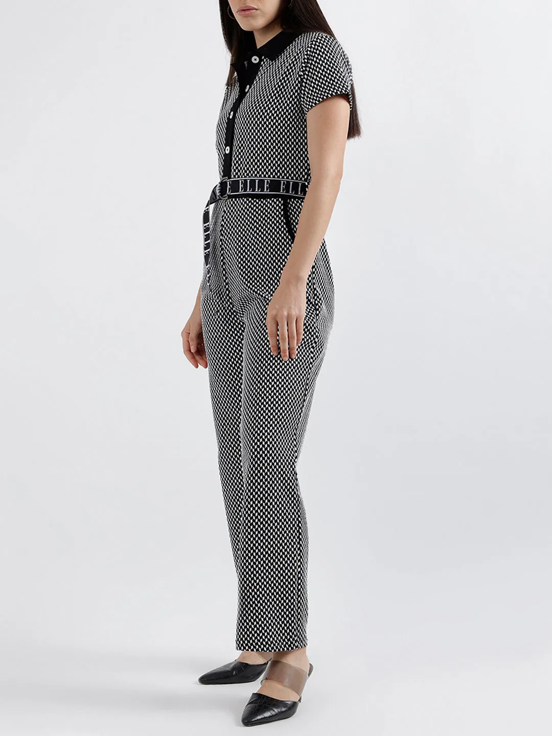 Elle Women Checked Short Sleeves Shirt Collar Jumpsuit