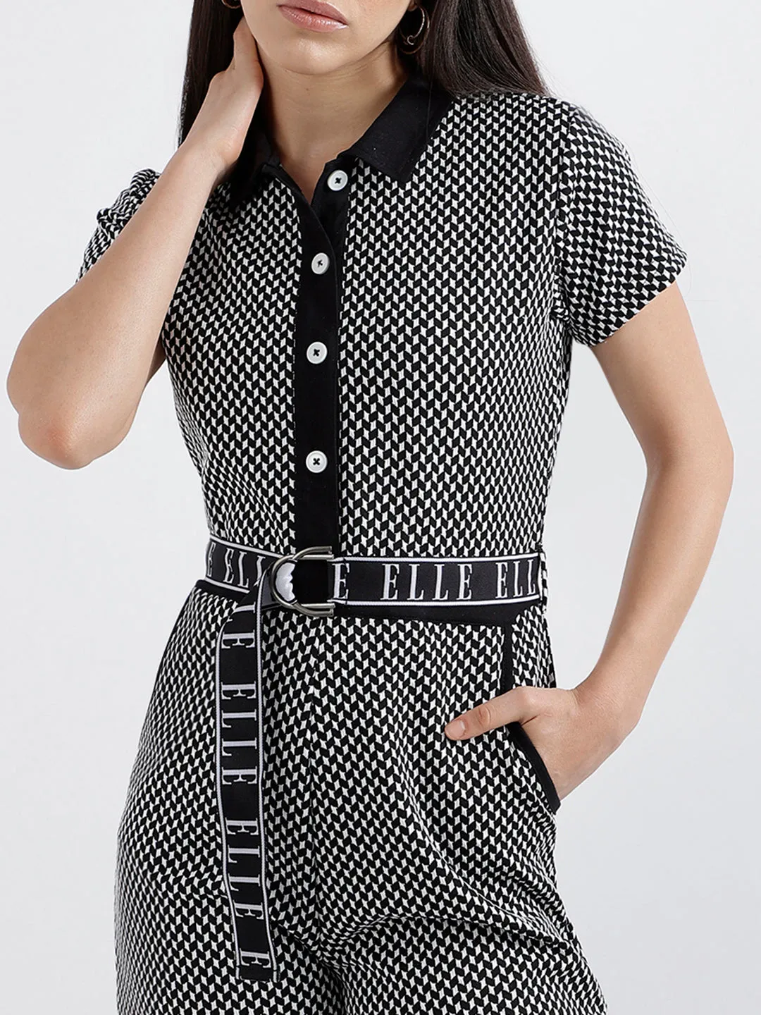 Elle Women Checked Short Sleeves Shirt Collar Jumpsuit