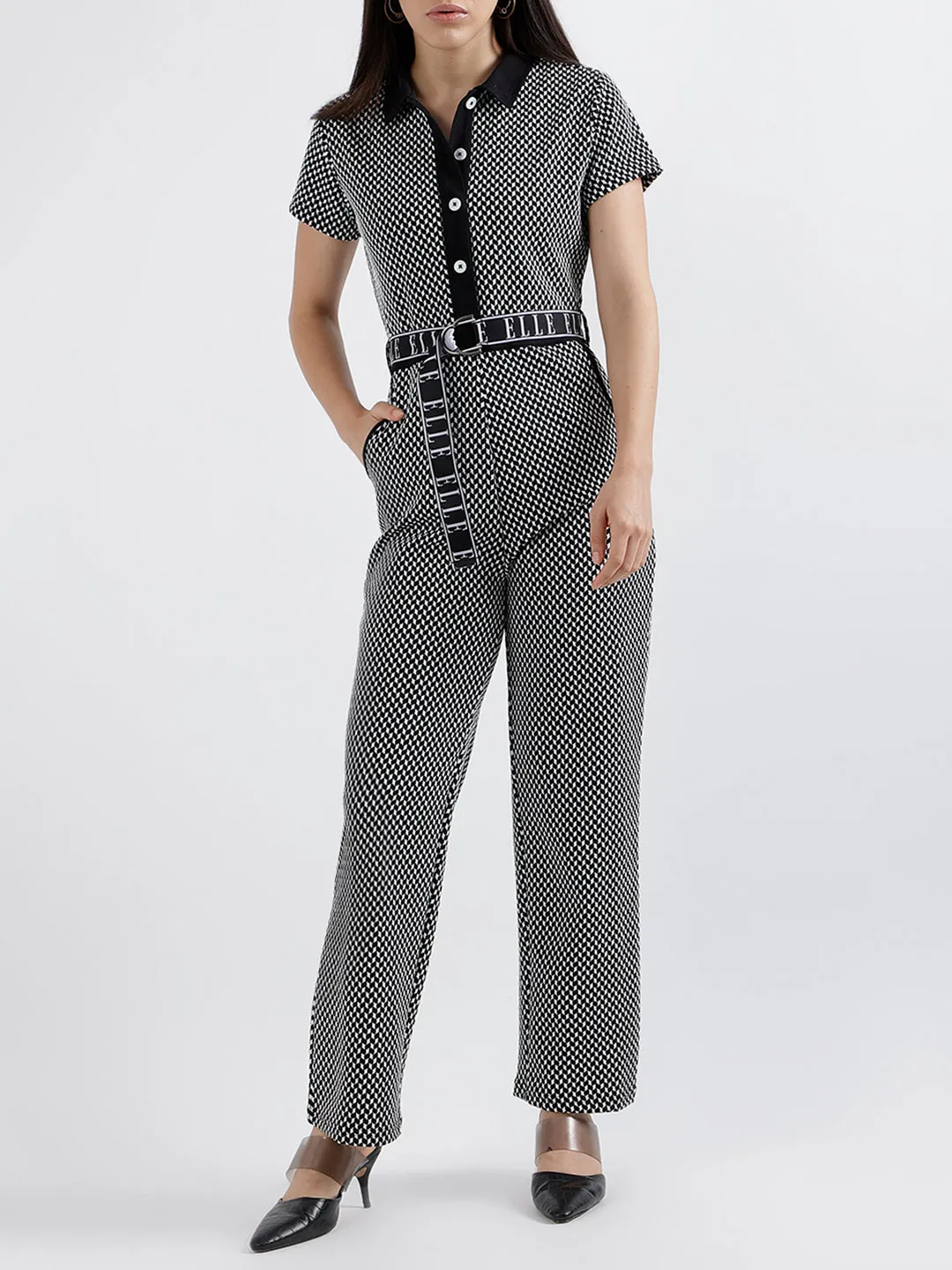 Elle Women Checked Short Sleeves Shirt Collar Jumpsuit