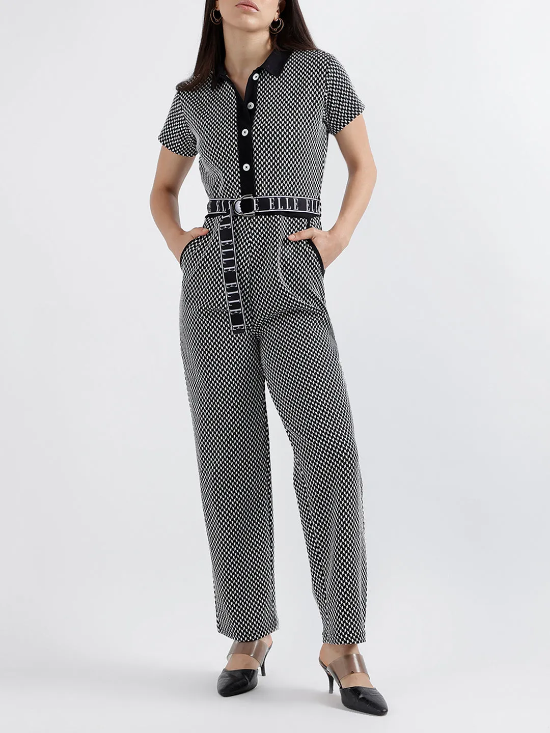 Elle Women Checked Short Sleeves Shirt Collar Jumpsuit