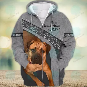 English mastiff Never Walk Alone 3D Full Print Shirts, Christmas Dog Memorial Gifts for loss of Dog