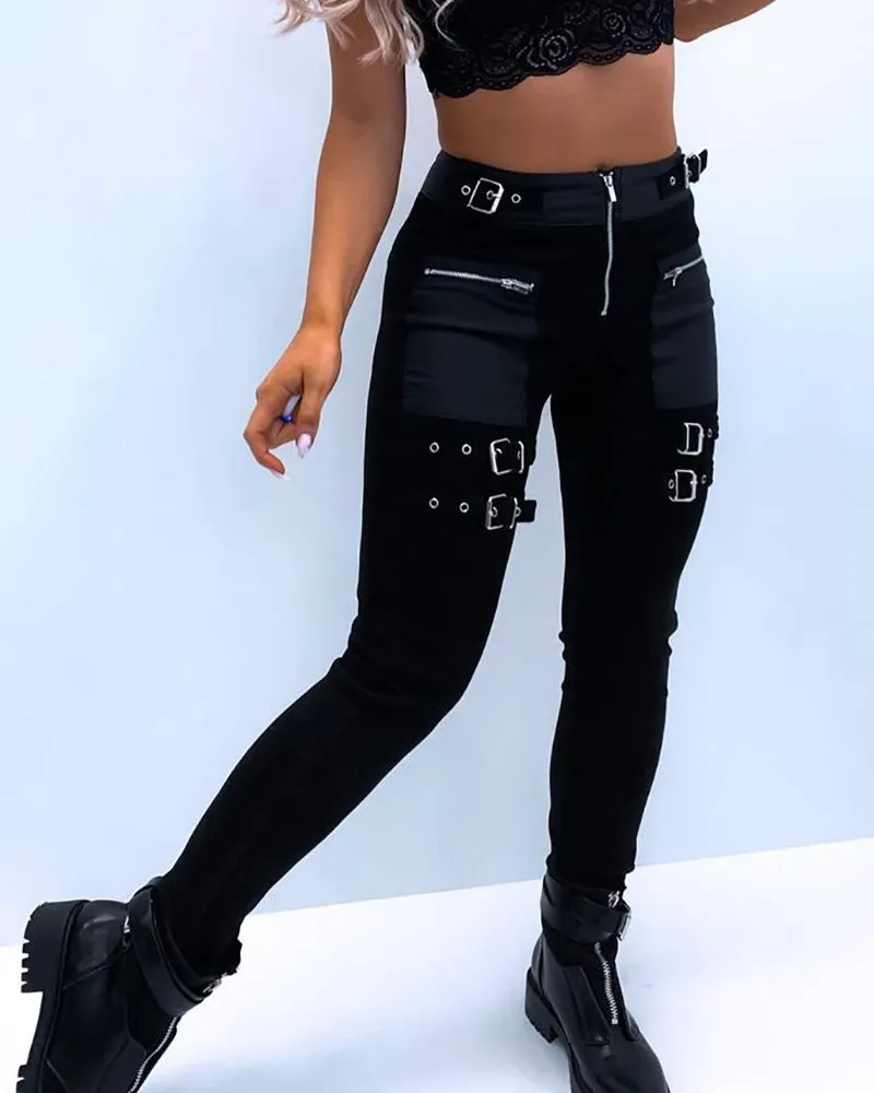 Eyelet Buckled High Waist Zipper Design Pants