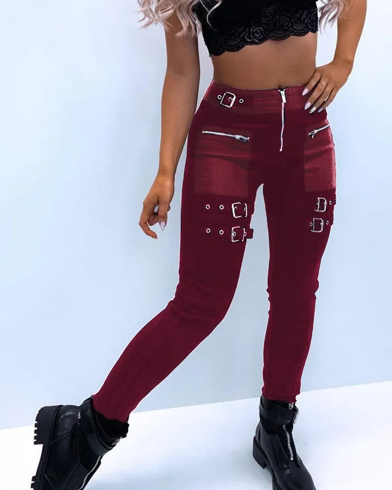 Eyelet Buckled High Waist Zipper Design Pants