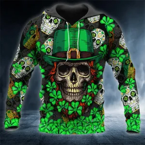 Fluky Saint Patrick's Day Skull 3D Printed Shirt, Skull Shamrock Shirt, Skull Shirt