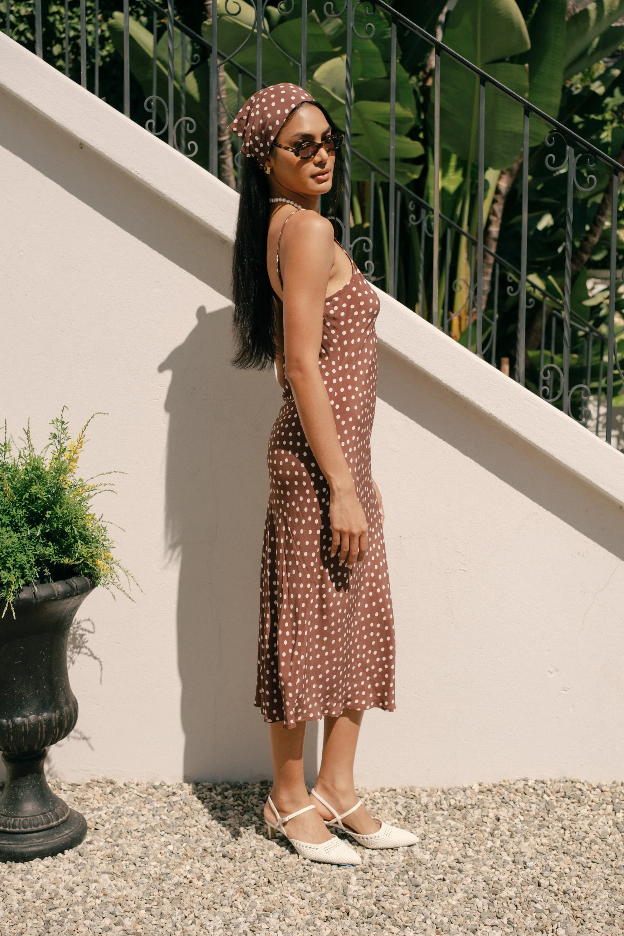 Freya Slip Dress in Brown Polka Dots