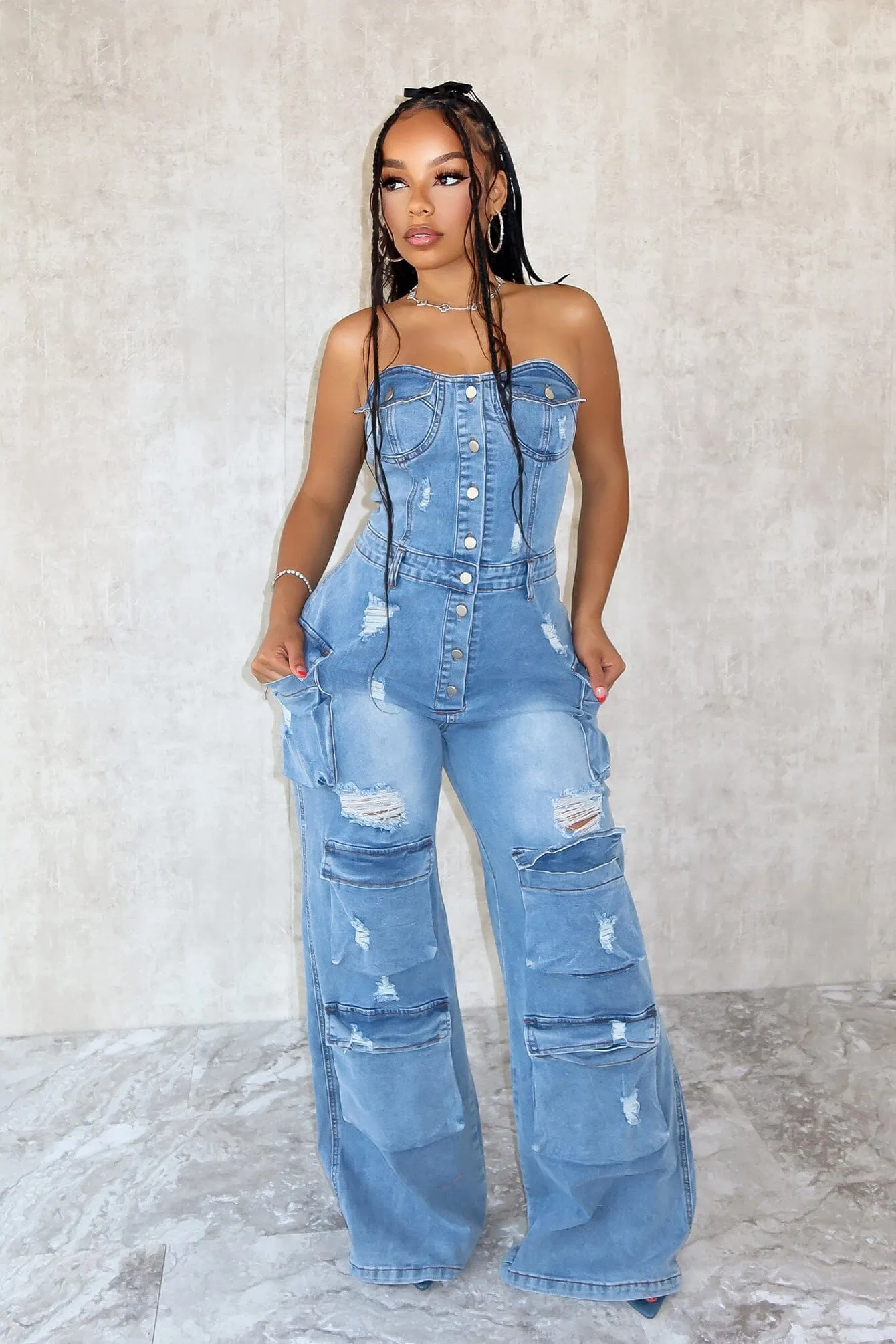 Gabri Cargo Washed Denim Jumpsuit