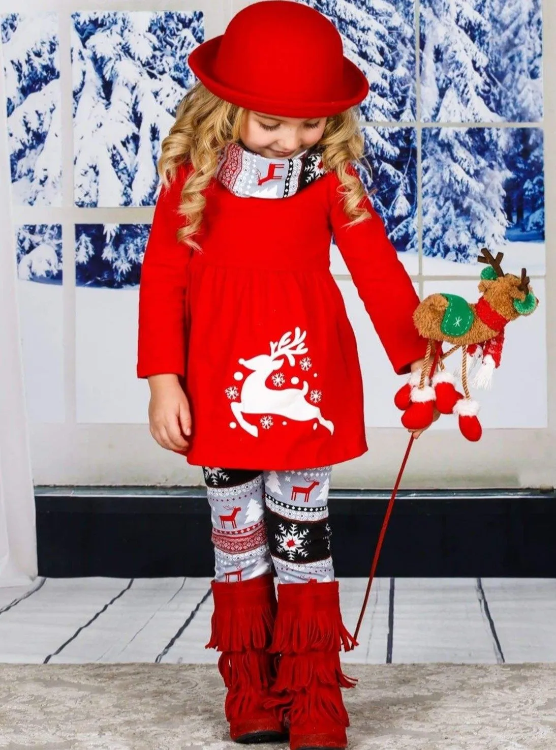 Girls Long Sleeve Reindeer Tunic, Winter Print Leggings and Scarf Set