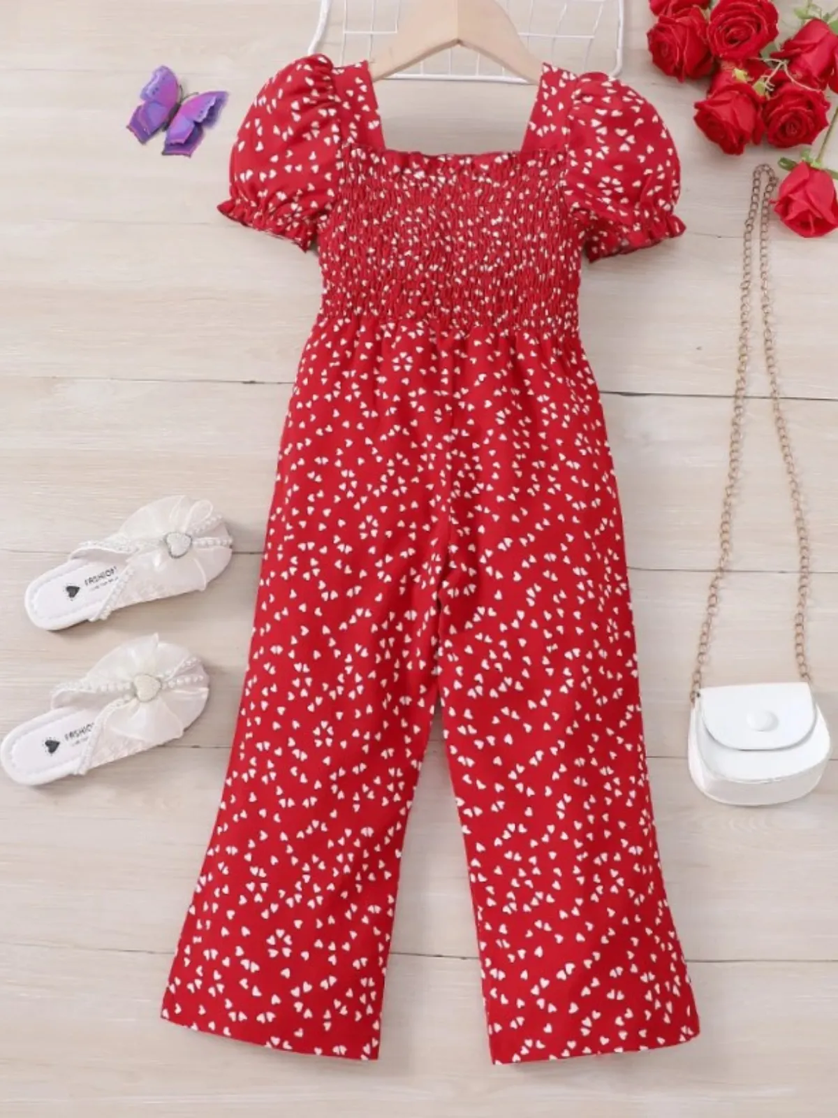 Girls Sweetheart Jumpsuit with Whimsical Heart Motif