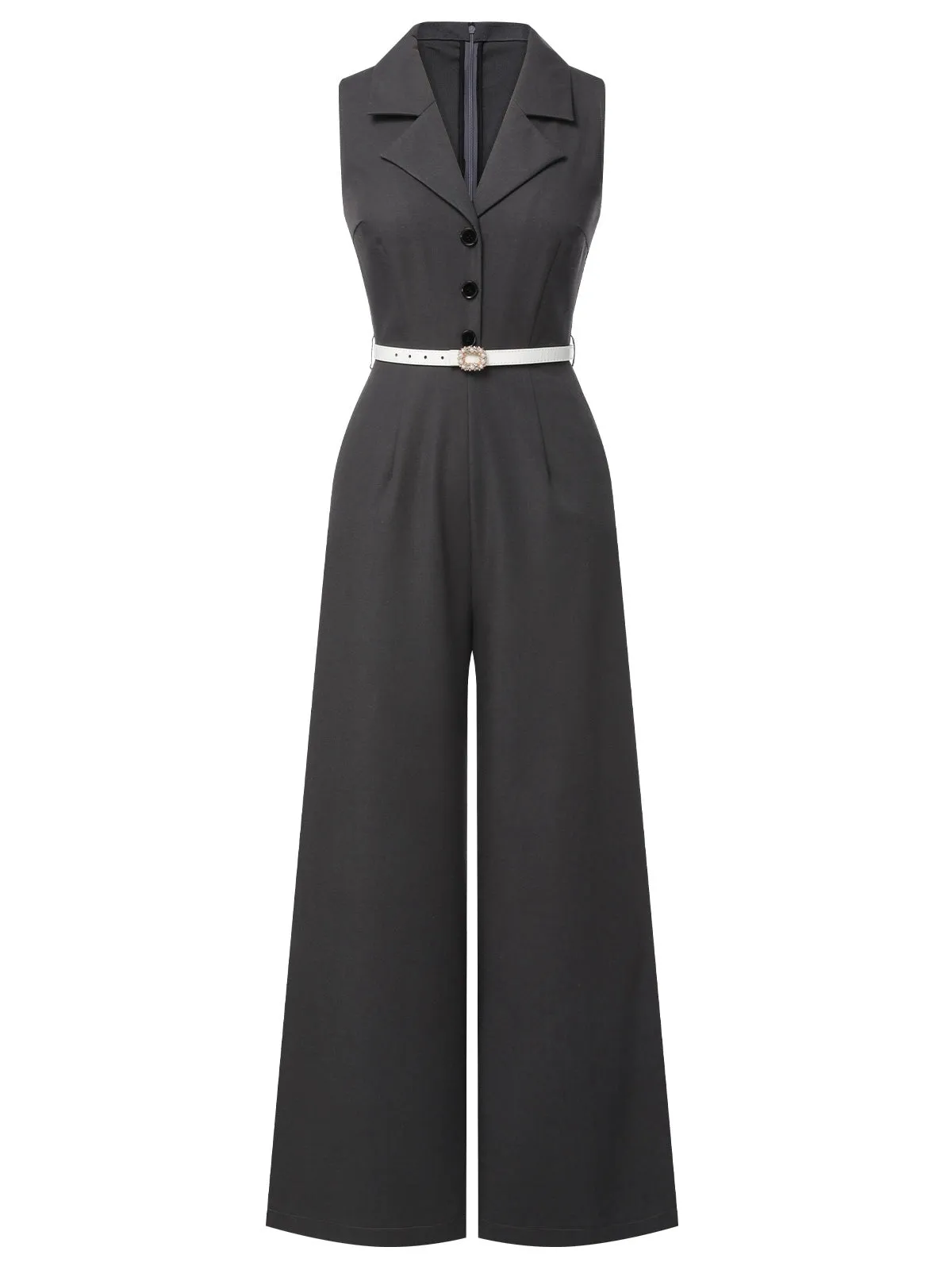 Gray 1940s V-Neck Lapel Lace-Patchwork Jumpsuit