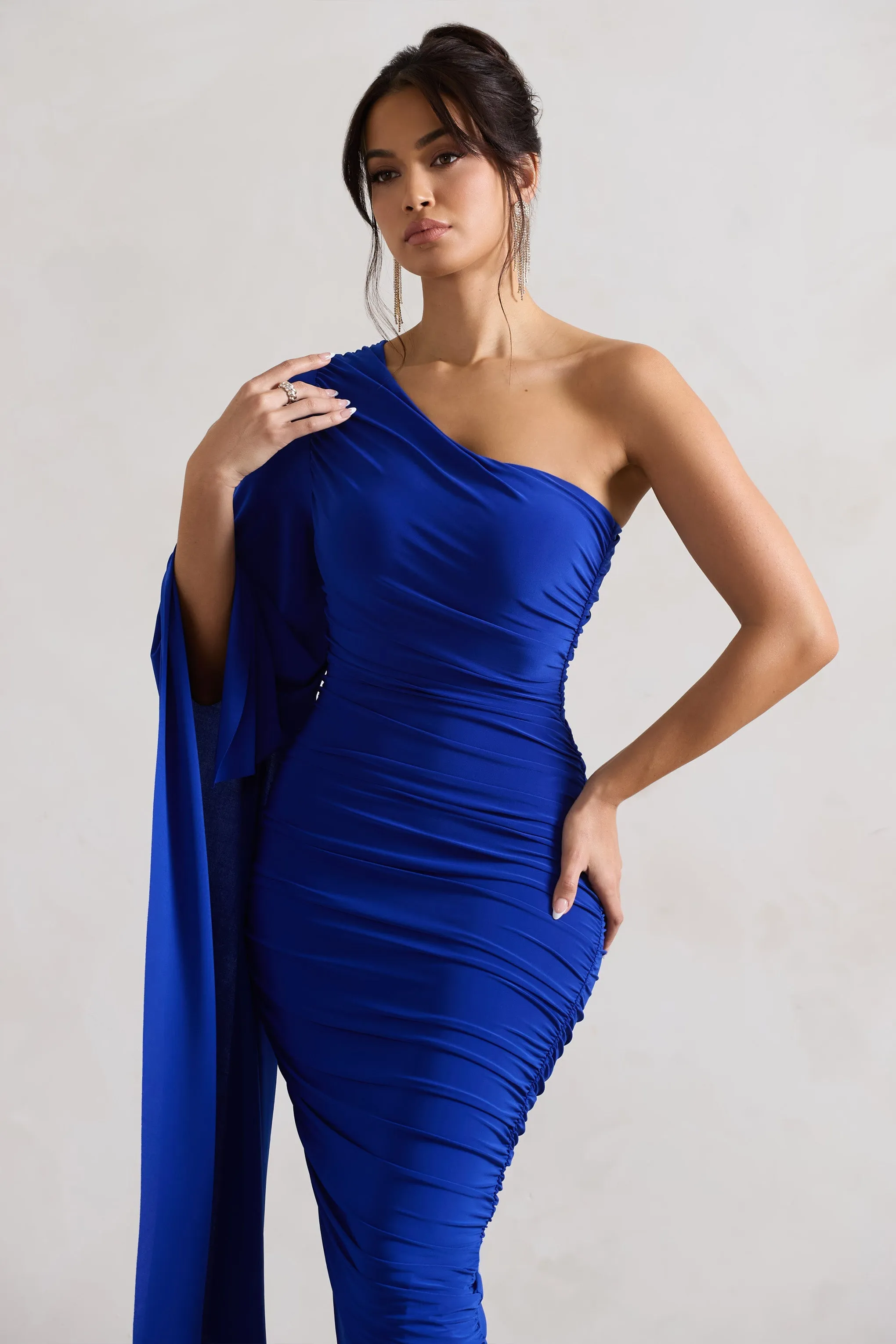 Halsey | Royal Blue Ruched One Shoulder Asymmetric Midi Dress