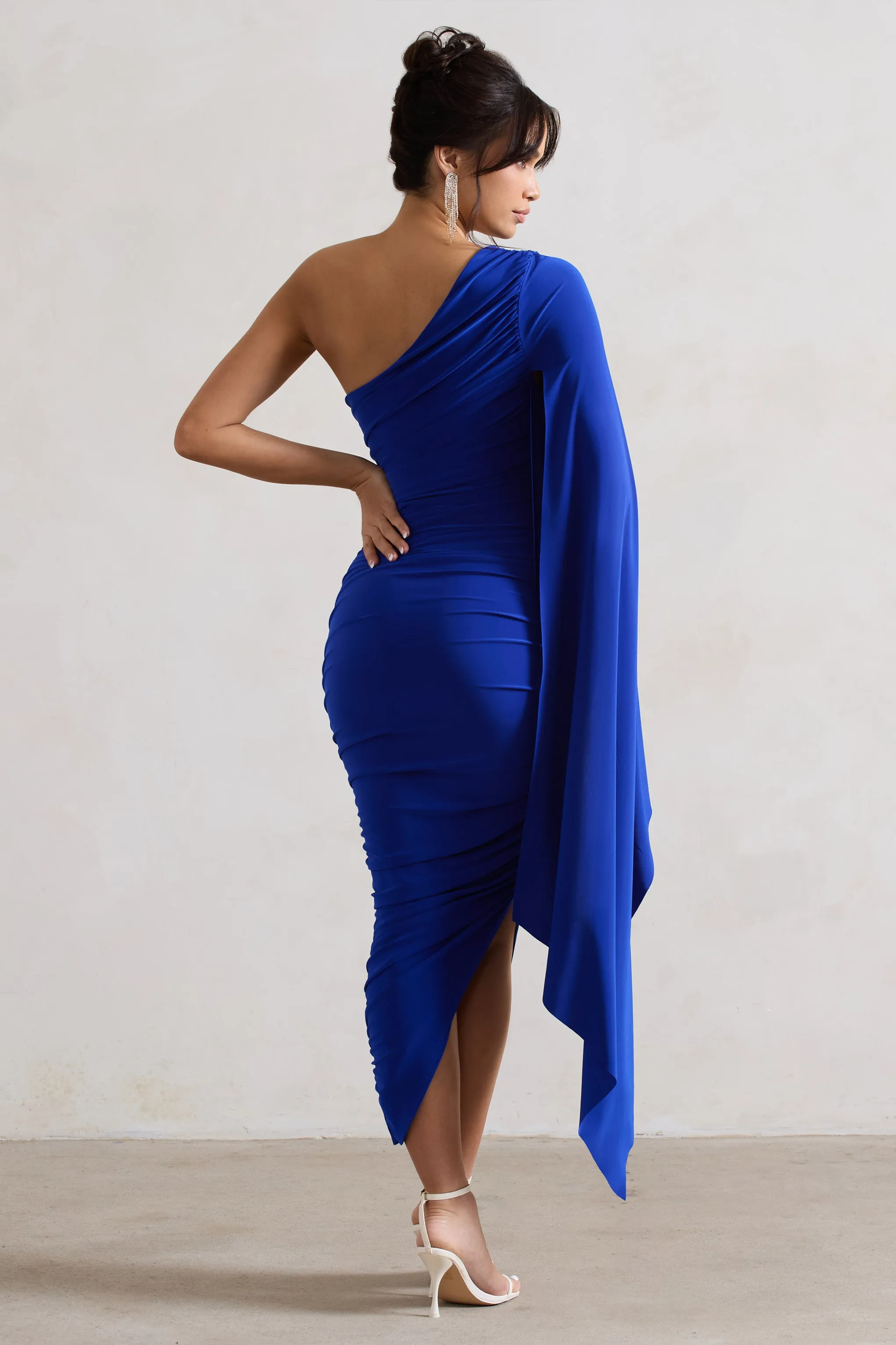 Halsey | Royal Blue Ruched One Shoulder Asymmetric Midi Dress