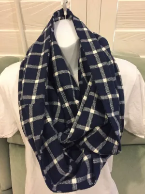 Handmade Blue and White Blocks Plaid Fleece Infinity Scarf - Cozy Winter Fashion Accessory