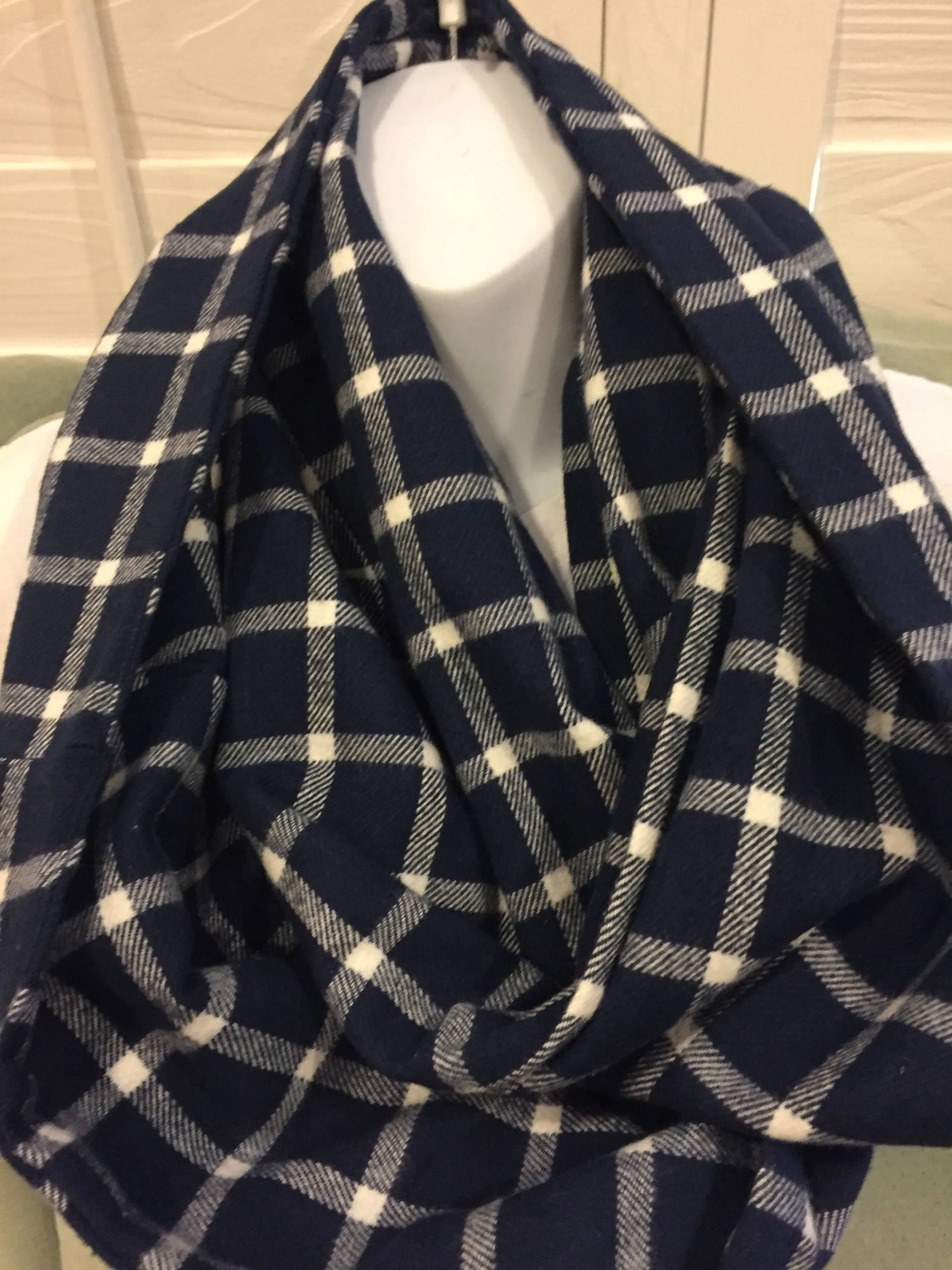 Handmade Blue and White Blocks Plaid Fleece Infinity Scarf - Cozy Winter Fashion Accessory