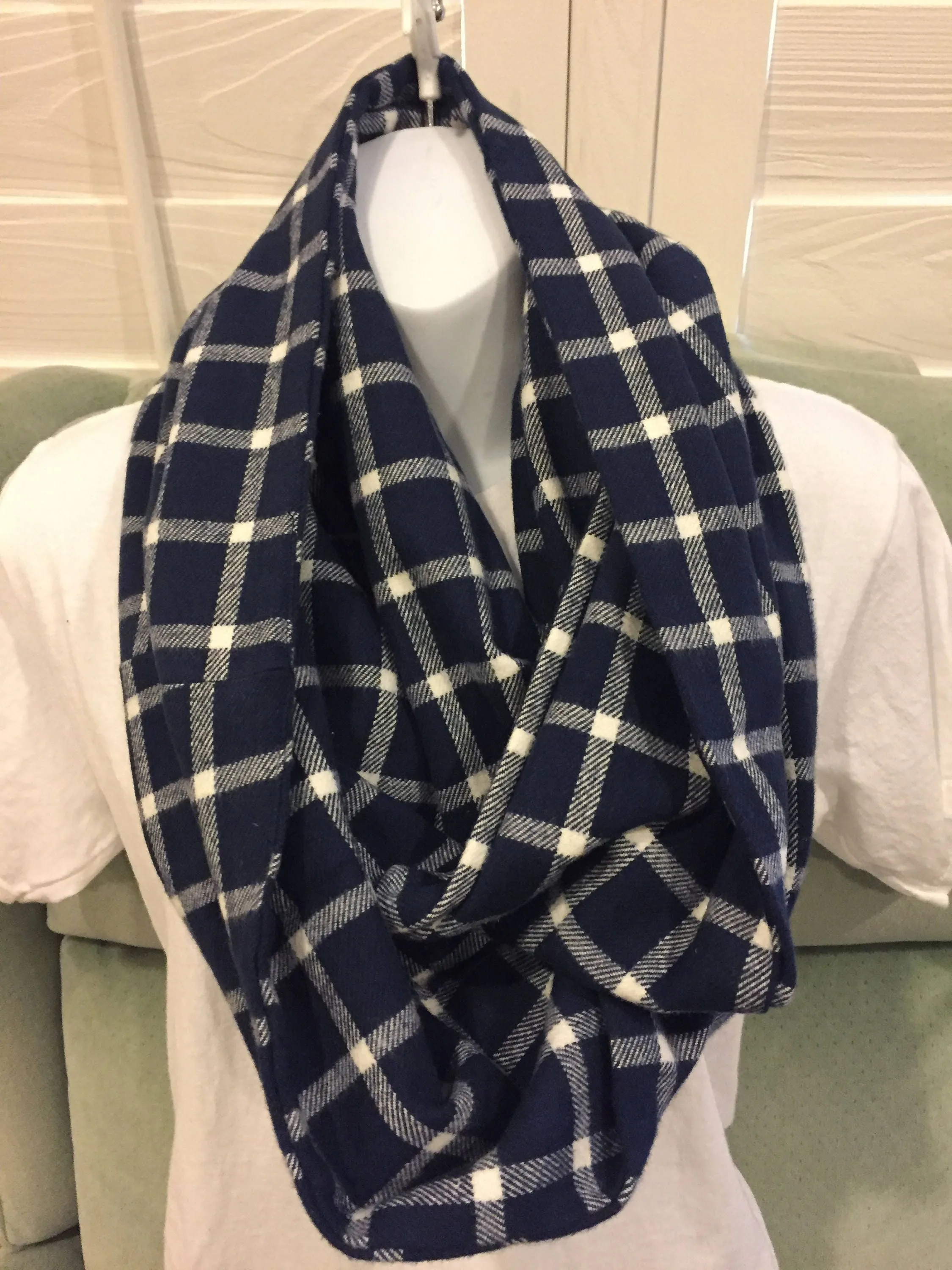 Handmade Blue and White Blocks Plaid Fleece Infinity Scarf - Cozy Winter Fashion Accessory