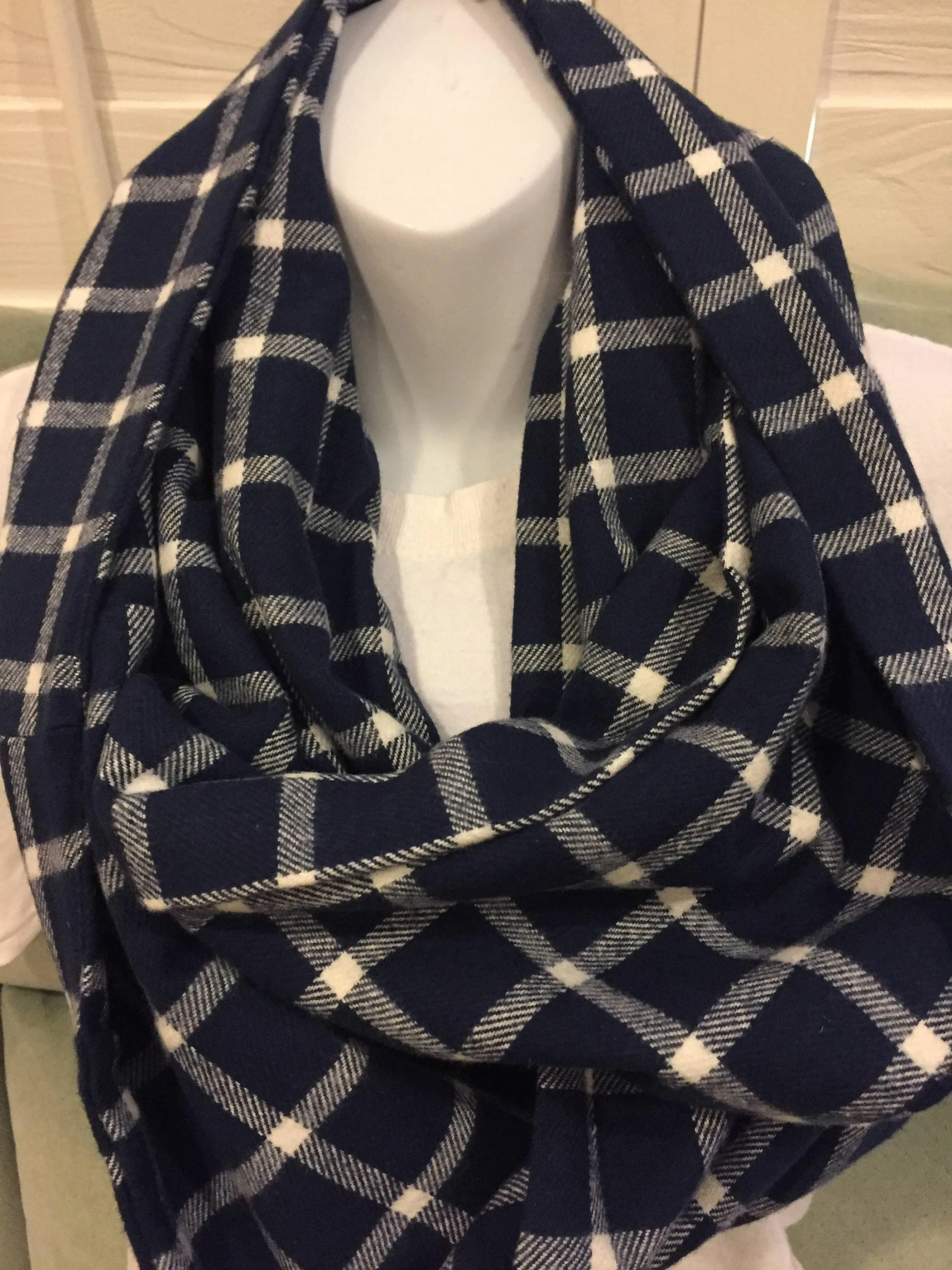 Handmade Blue and White Blocks Plaid Fleece Infinity Scarf - Cozy Winter Fashion Accessory