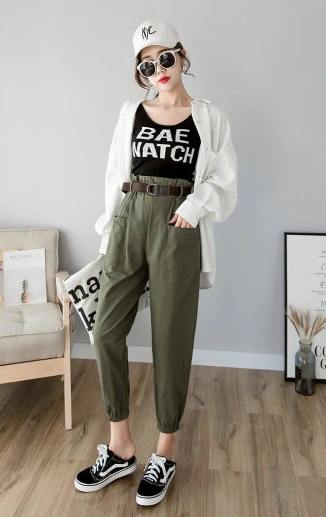 High-Waist Ankle-Length Pants With Elastic Waist