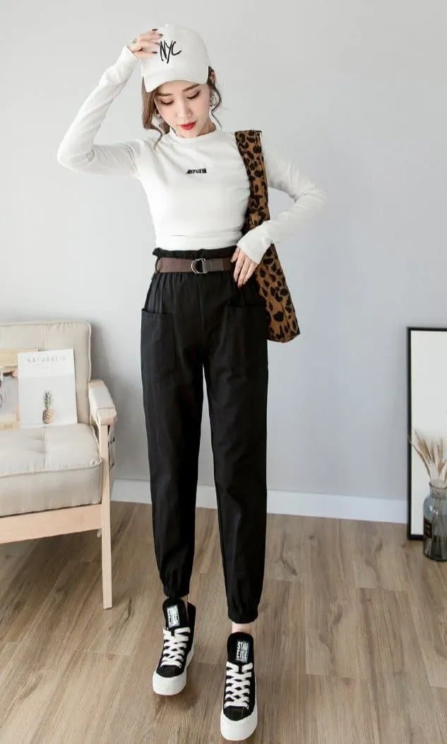 High-Waist Ankle-Length Pants With Elastic Waist