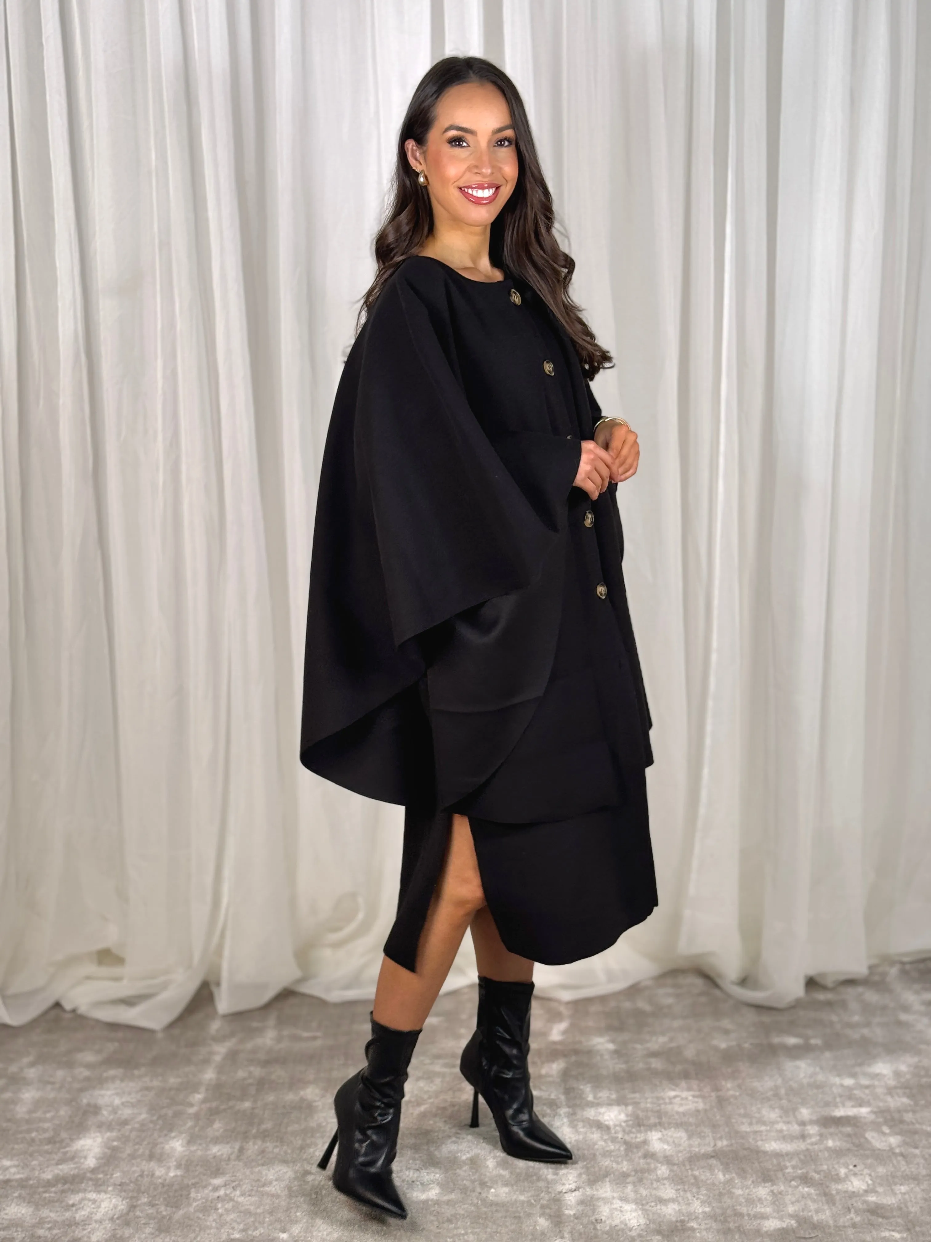 Indie Cape Overlay Coat In Black