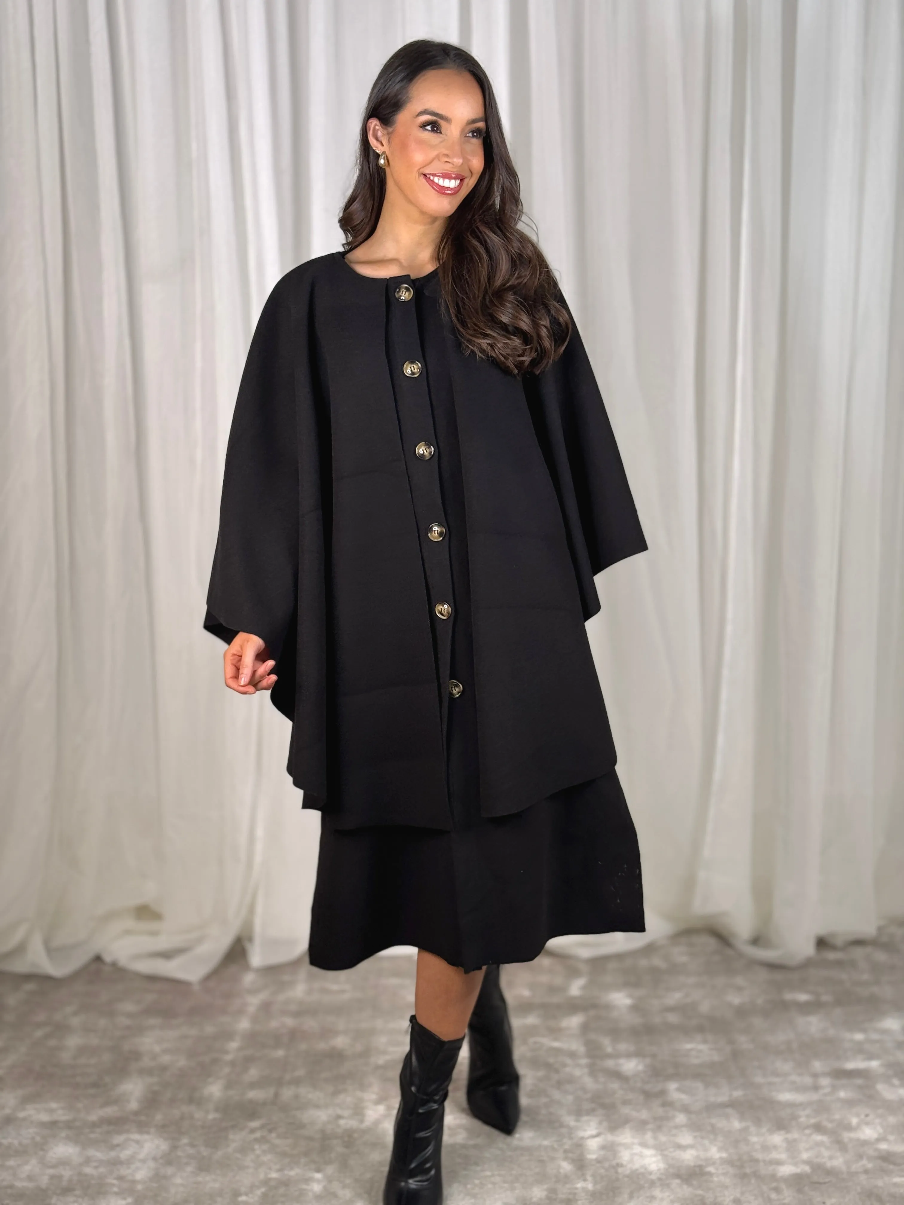 Indie Cape Overlay Coat In Black