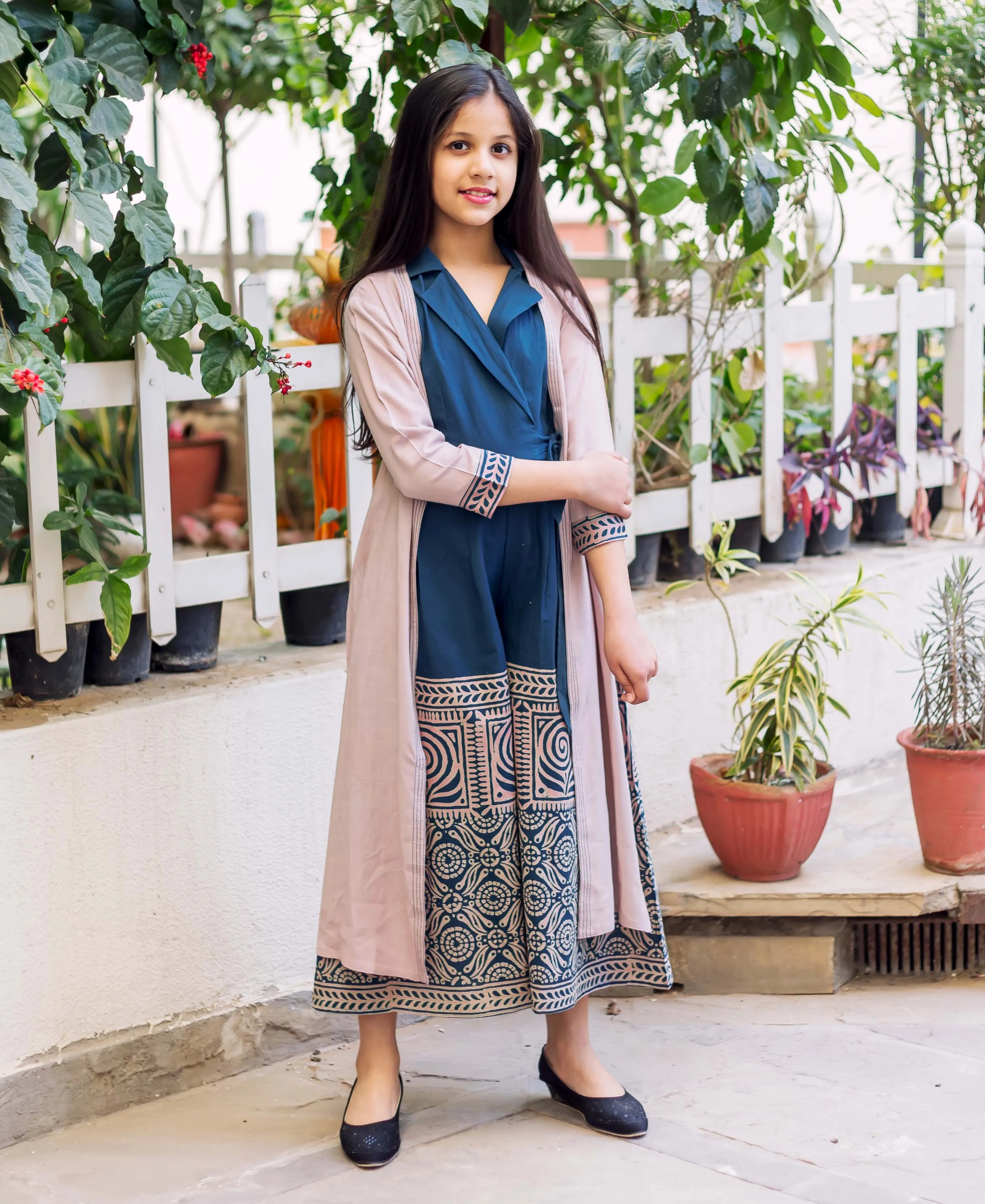 Indigo Blue Hand Block Printed Cotton Jumpsuit with Detachable Jacket for Baby Girl