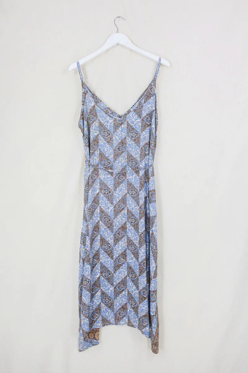 Jamie Dress - Indian Sari Slip - Rustic Brown & Blue Check - Size M/L