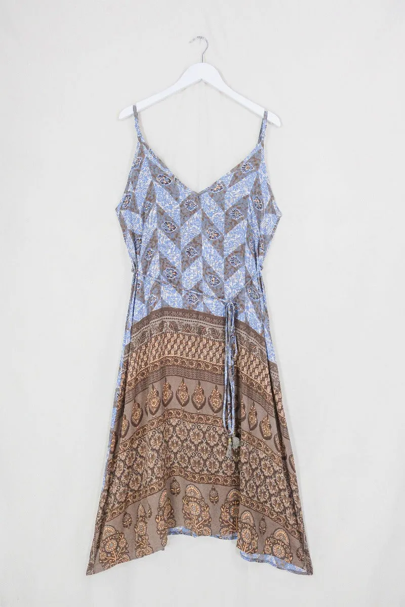 Jamie Dress - Indian Sari Slip - Rustic Brown & Blue Check - Size M/L