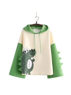 Kawaii dinosaur print Harajuku Women Hoodies Fleece Hooded Sweatshirt Winter Sweet Style Korean Ladies Drawstring Tops