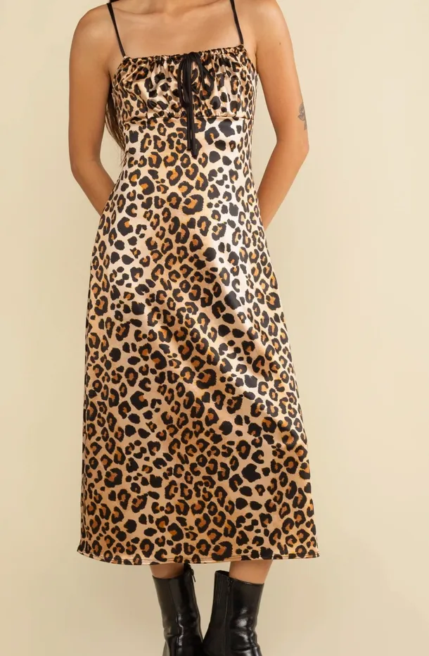 Leopard Print Satin Slip Midi Dress