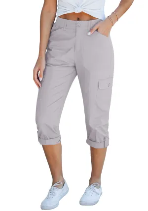 Light Gray Women's High Wasited Cargo Pants Cuffed Hem Elastic Waist Capri Pants With Pockets