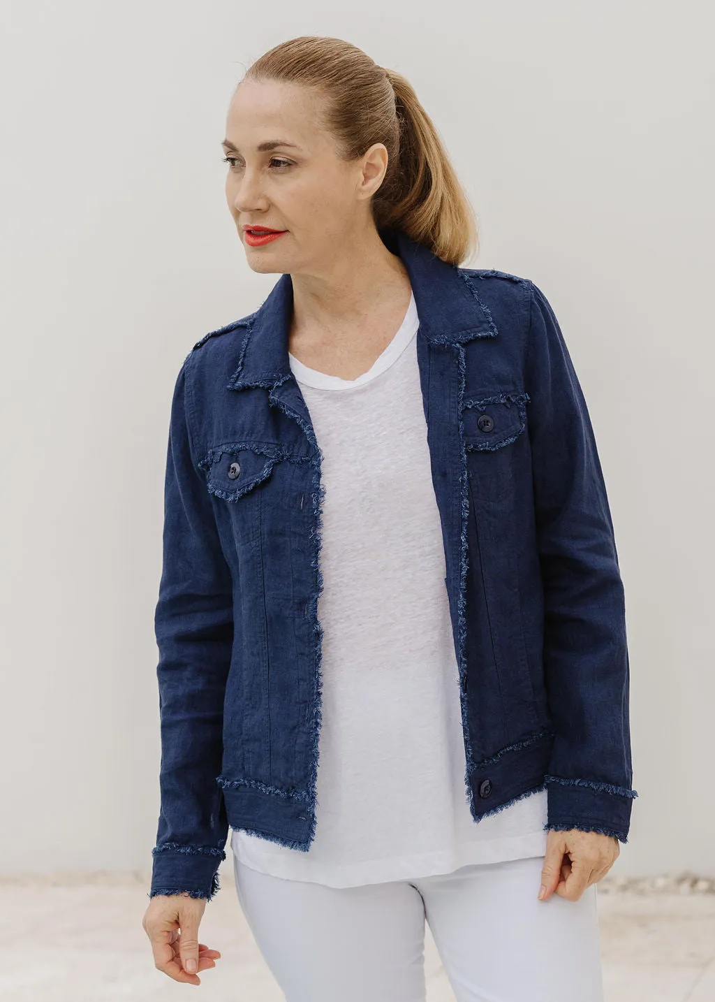 Linen Frayed Jean Jacket Navy