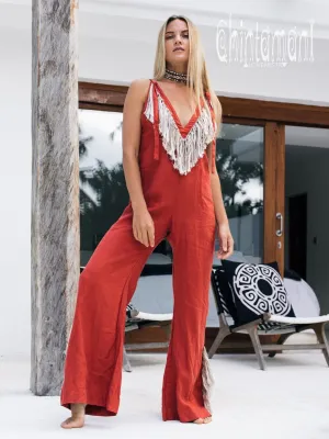 Long Linen Boho Jumpsuit with Fringes for Women / Vneck Overalls / Red Ochre