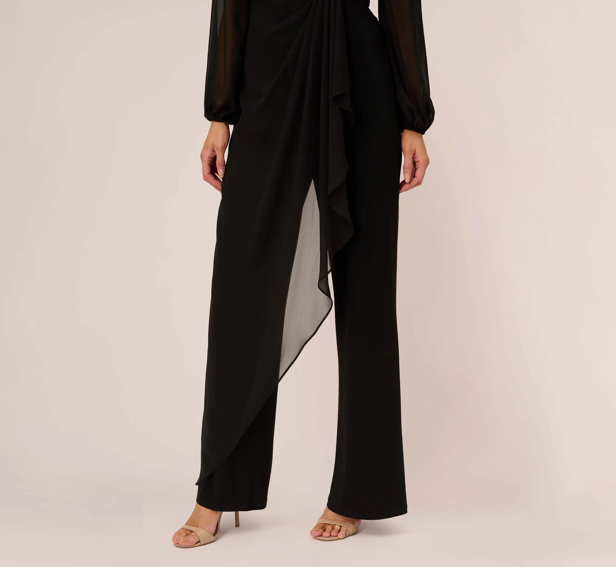 Long Sleeve Jersey Jumpsuit With Chiffon Details In Black