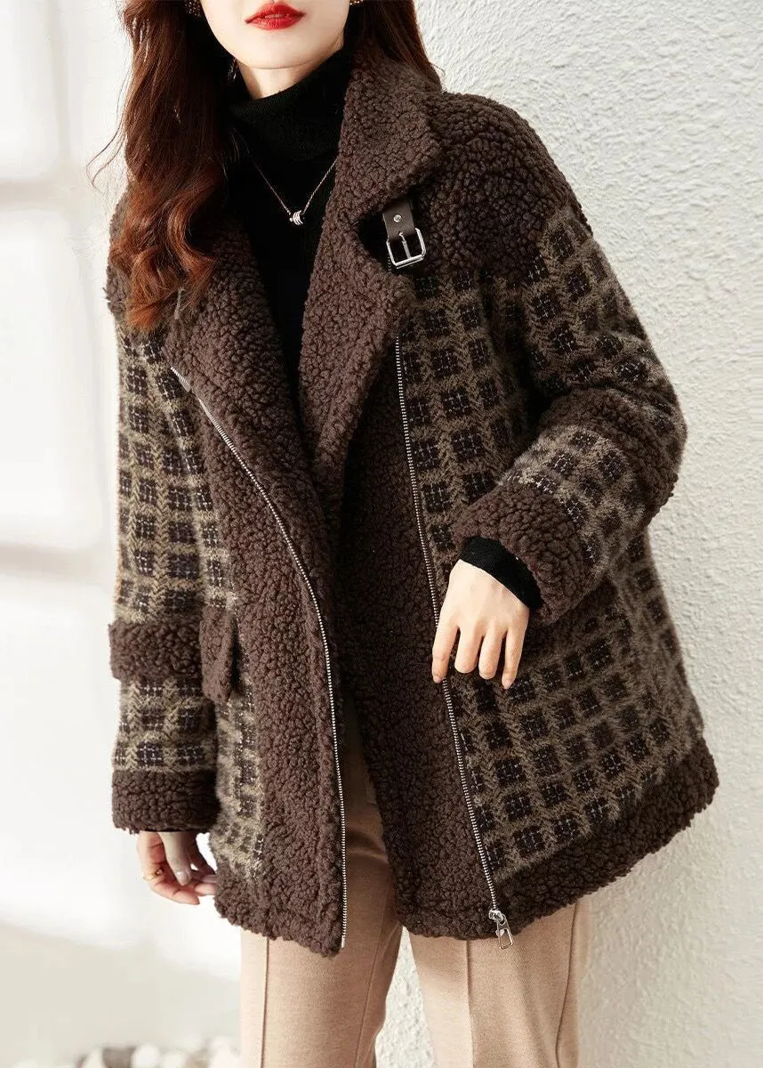 Loose Coffee Plaid Zip Up Patchwork Teddy Faux Fur Coat Winter LY9708