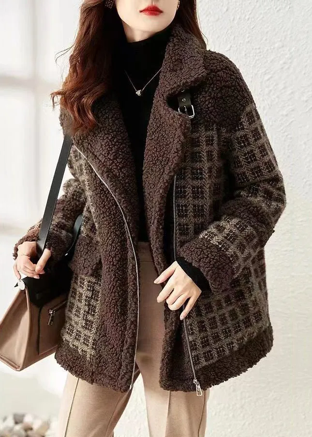 Loose Coffee Plaid Zip Up Patchwork Teddy Faux Fur Coat Winter LY9708