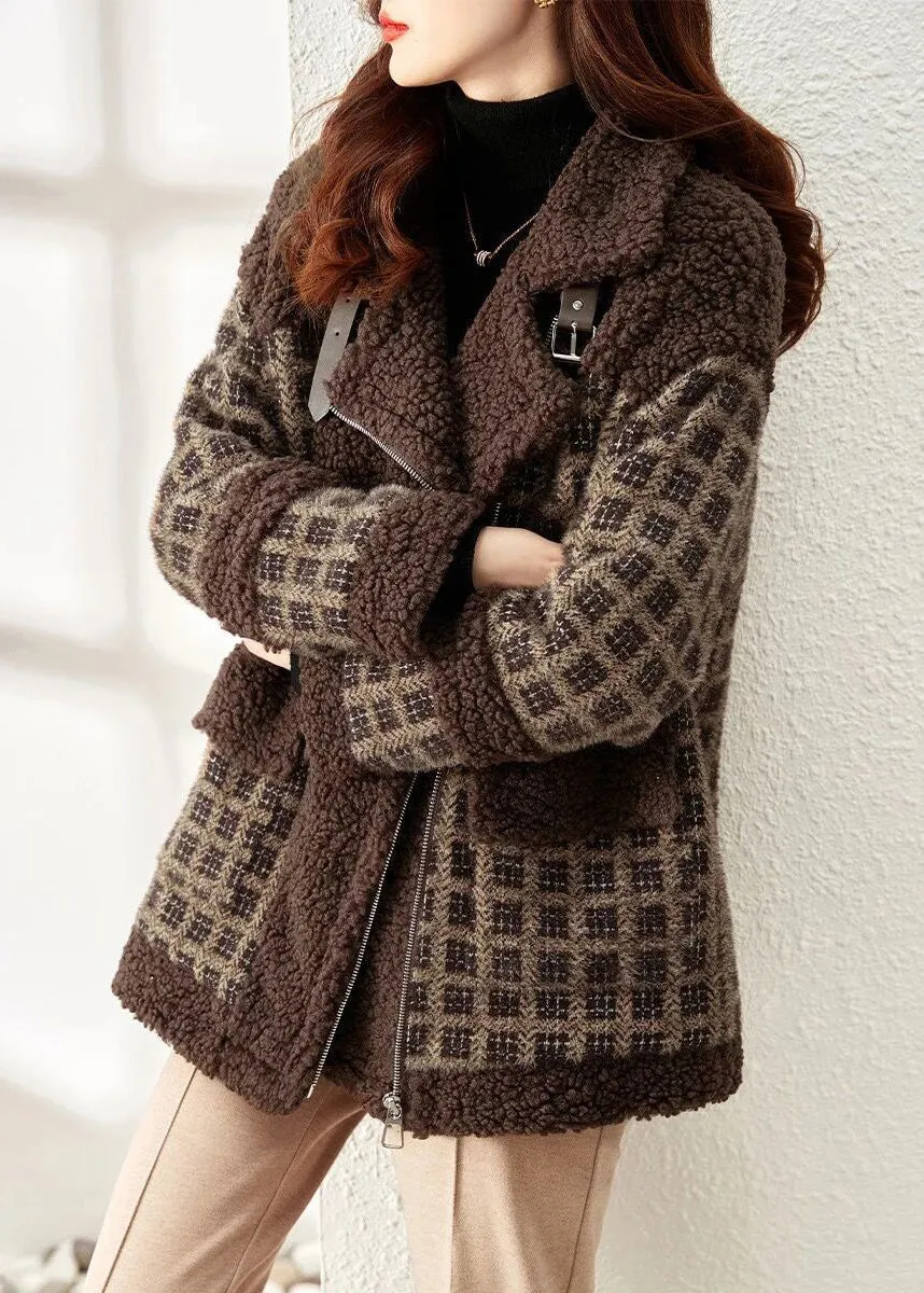 Loose Coffee Plaid Zip Up Patchwork Teddy Faux Fur Coat Winter LY9708