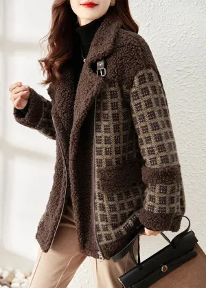 Loose Coffee Plaid Zip Up Patchwork Teddy Faux Fur Coat Winter LY9708