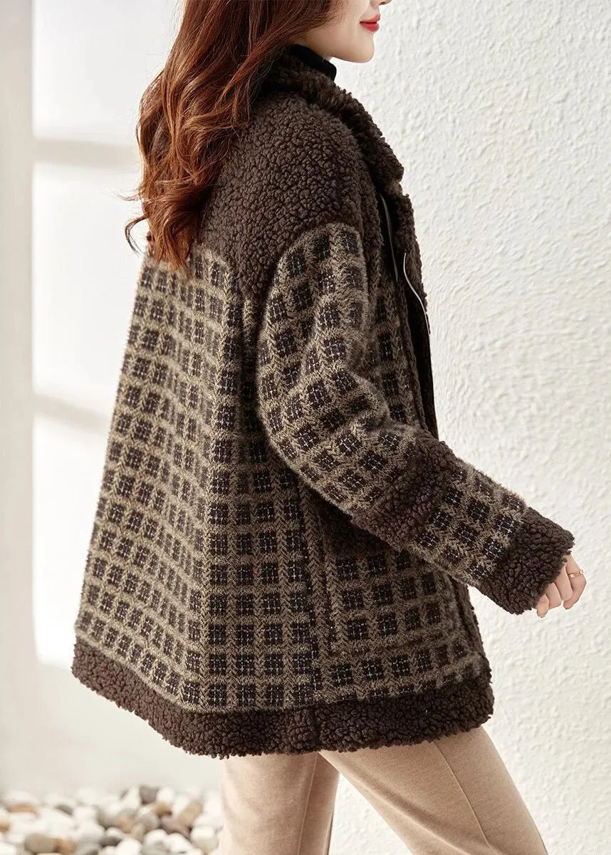 Loose Coffee Plaid Zip Up Patchwork Teddy Faux Fur Coat Winter LY9708