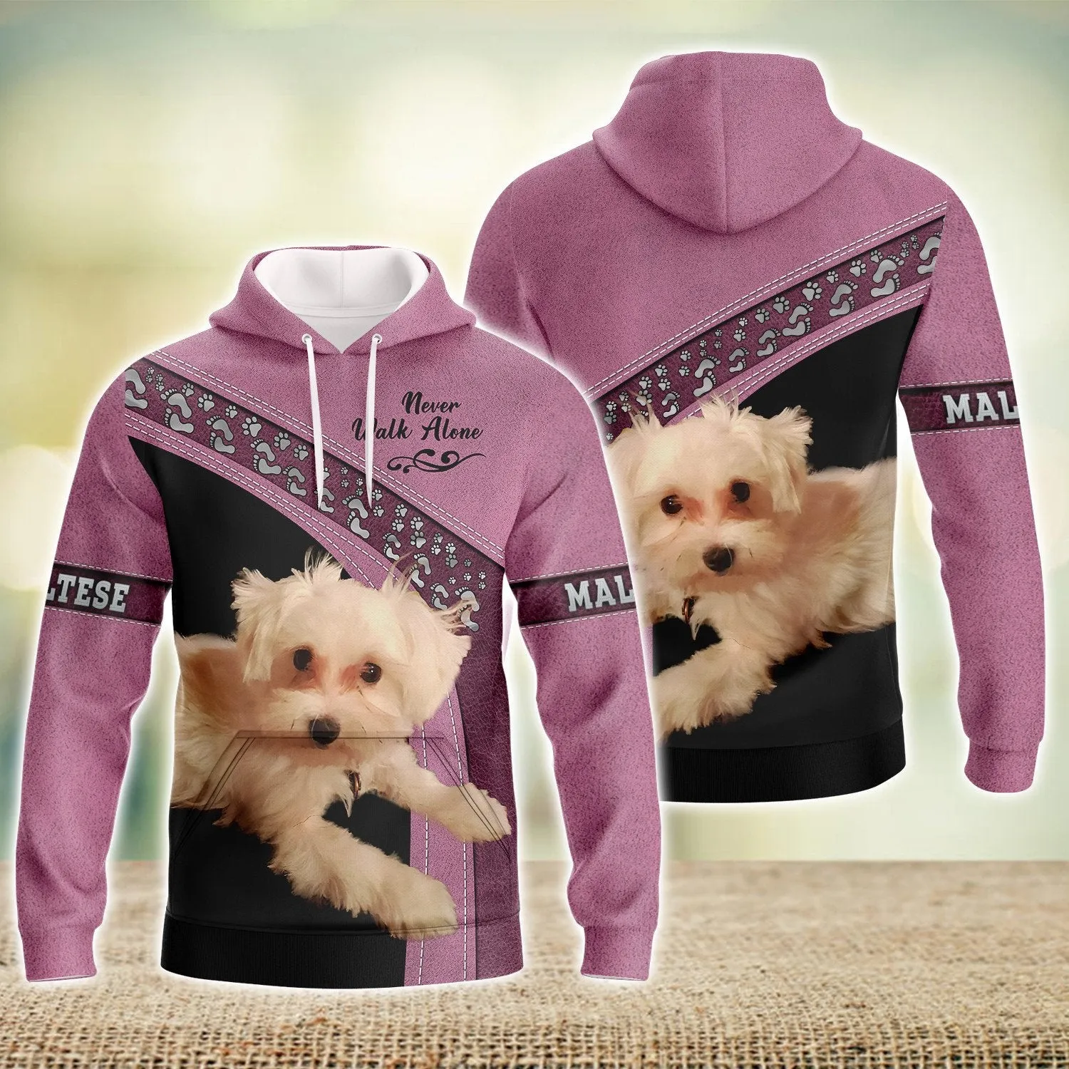 Maltese Love Never Walk Alone Pink 3D Full Print Shirts, Shirt For Dog Lovers, Dog Memorial Gifts for loss of Dog