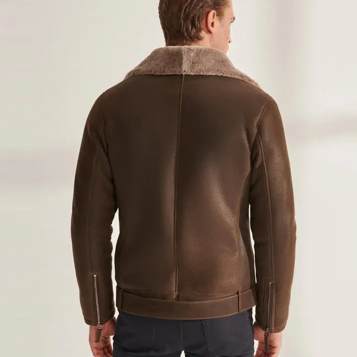 Men's Classic Brown Shearling Sheepskin Biker Aviator Jacket